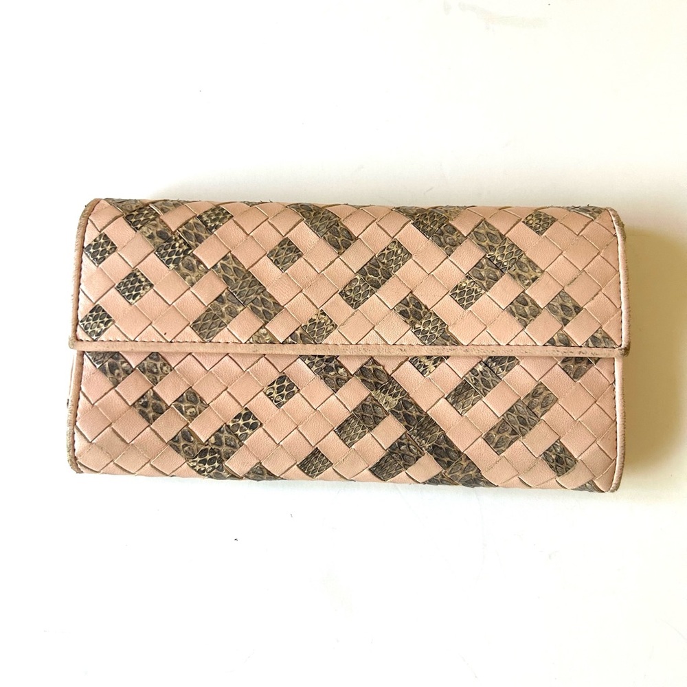 Bottega Veneta Pink and Brown Intrecciato Woven Leather Wallet